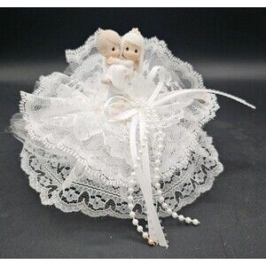 Precious Moments Wedding Cake Topper Faux Pearls Lace Ribbon Tulle Bride Groom